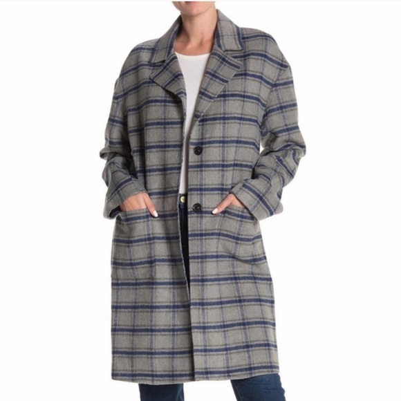 AVEC LES FILLES Blue Grey Plaid Pea Trench Coat - Picture 1 of 2